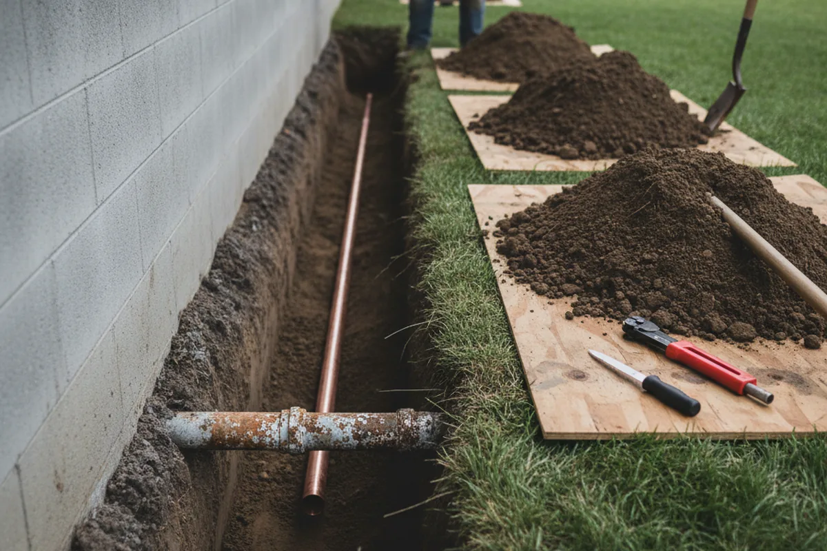 Excavated water line trench during Water Softener Installation in Udall